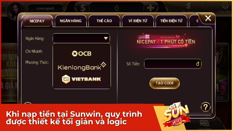 Khi nạp tiền tại Sunwin, quy trình được thiết kế tối giản và logic